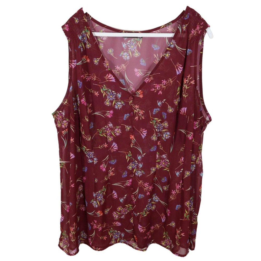 eShakti Sheer V Neck Floral Smocked Shoulder Wide Strap Tank Top Blouse Size 3X